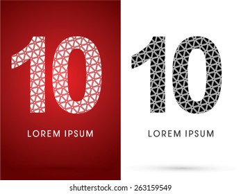 10 ,Number, Modern font, designed using white and black triangle geometric shape. on red and white background, ,logo, symbol, icon, graphic, vector.