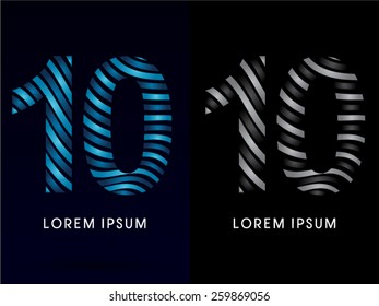 10 ,Number ,modern wave  font ,designed using blue and black line on dark background, concept move, wave, water, freestyle, zebra line, fantasy ,logo, symbol, icon, graphic, vector.