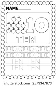 10, Number Ten.Orange.Number tracing worksheet for kindergarten.Preschool math practice.Coloring page.Kids learning.Activity for children.Printable.Book page with outline.Cartoon vector illustration.