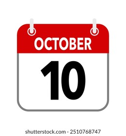 10 de octubre, icono de fecha de calendario sobre fondo blanco.