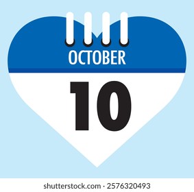 10 October calendar icon blue heart shape on light sky blue color background, calendar vector symbol for the month of October.