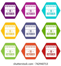 10 october calendar icon set many color hexahedron isolated on white vector illustration