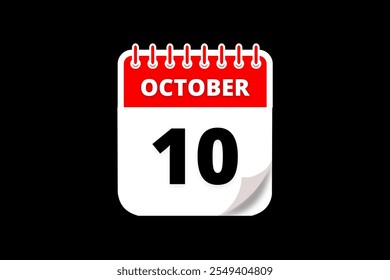 10 October calendar icon text page monthly web design on red, white and black background vector, icon, or illustration with the month of October 10
