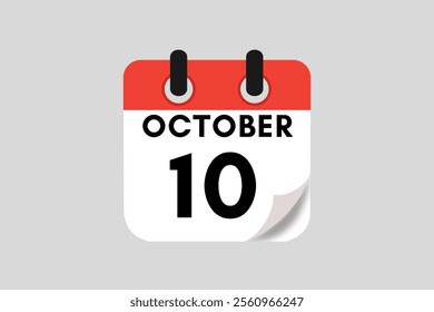 10 October calendar icon text page monthly web design on red, white, black and ash background vector, icon, or illustration with the month of October 10