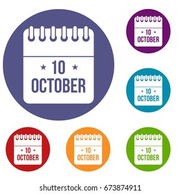 10 october calendar icons set in flat circle reb, blue and green color for web