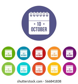 10 october calendar set icons in different colors isolated on white background