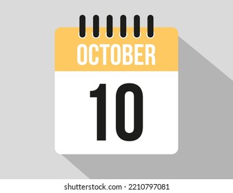 10 October calendar vector icon. Yellow october date for the days of the month and week