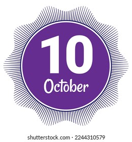 10 October, Date template. Useful design for calendar or event promotion. Vector illustration EPS 10 File. Isolated on white background.