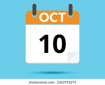 10 October. Flat icon calendar isolated on blue background. Vector illustration.
