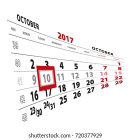 10 October highlighted on calendar 2017. Week starts from Monday. Vector Illustration.