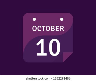 10 de octubre, 10 de octubre Icono Ilustración vectorial de calendario de un solo día
