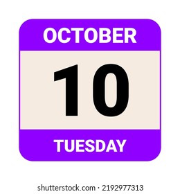 10. Oktober, Dienstag. Datumsvorlage. Nützliches Design für Kalender- oder Veranstaltungswerbung. EPS10 Datei, Vektorgrafik.  