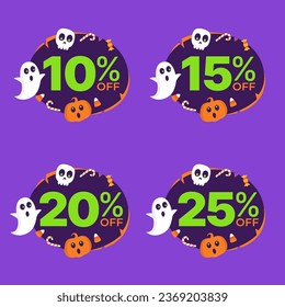 10% off, 15% off, 20% off and 25% off on Halloween. Set of vector illustrations of purple and orange balloons super discounts and Halloween icons.