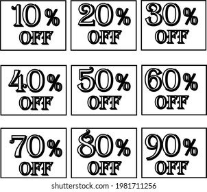 10% off, 20%, 30%, 40%, 50%, 60% off, 70%, 80% off, 90%. Black discount boxes for special offers and promotions.