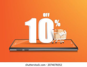 10% off 3d text,parcel box and shopping cart on smartphone and all object on orange background for shopping online concept design,vector 3d for advertising promotion sale