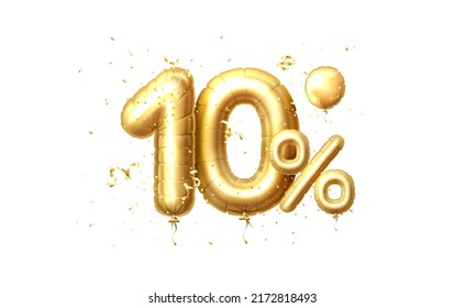 10 Off balloons, discount sale, balloon in the form of a digit, golden confetti. Vector illustration.