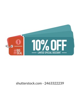 10% Off Big Deal limited special discount. A ten percent discount blue sticker label with the shape of a colour pallete with a red detail.