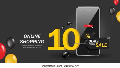 10% off and black friday tag in front of the smartphone for online shopping black friday sale concept,vector 3d for advertising discount promotion