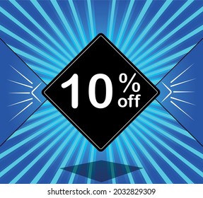 10% off. Blue banner - black balloon for big sales.