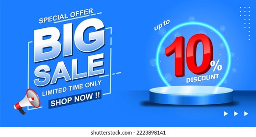 10% off. blue banner with ten percent discount on a cylinder pedestal podium   for mega big sales