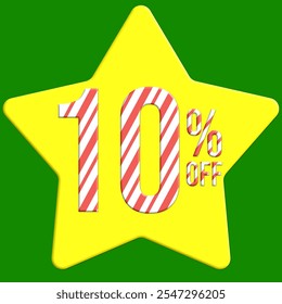 10% Rabatt auf Weihnachtsbonbons mit Zuckerrohr-Effekt, mit gelbem Stern und grünem Hintergrund