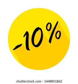 10% off circle icon with long shadow. Vector badges for labels, stickers, banners or tags of new offer. Discount badge in yellow background. 
