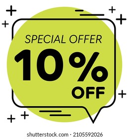 10% de descuento - Colorida burbuja de habla con etiqueta de descuento y oferta especial