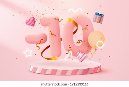 10% Off. Discount creative composition. 3d sale symbol with decorative objects, heart shaped balloons, golden confetti, podium and gift box. Sale banner and poster. Vector illustration.