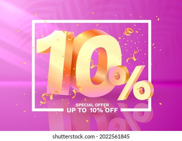 10 Off. Discount creative composition. 3d Golden sale symbol with decorative objects,  golden confetti. Sale banner and poster. Vector illustration.