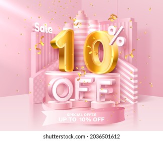 10% de descuento. Descubre la composición creativa. 3d símbolo de venta con objetos decorativos, confeti dorado, podio y caja de regalo. Cartel y afiche de venta. Ilustración vectorial.