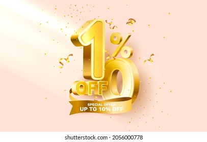 10 Off. Discount creative composition. 3d sale symbol with decorative objects, golden confetti, podium and gift box. Sale banner and poster. Vector illustration.