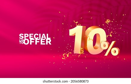 10 Off. Discount creative composition. 3d Golden sale symbol with decorative objects, golden confetti. Sale banner and poster. Vector illustration.