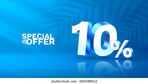 10 Off. Discount creative composition. 3d sale symbol with decorative objects, golden confetti, podium and gift box. Sale banner and poster. Vector illustration.