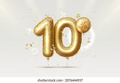 10 Off. Discount creative composition. 3d Golden sale symbol with decorative objects, heart shaped balloons, golden confetti, podium and gift box. Sale banner and poster. Vector illustration.