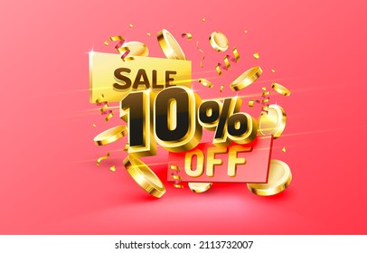 10 Off. Discount creative composition. 3d sale symbol with decorative objects, golden confetti, podium and gift box. Sale banner and poster. Vector illustration.