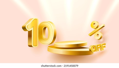 10 Off. Discount creative composition. 3d sale symbol with decorative objects, golden confetti, podium and gift box. Sale banner and poster. Vector illustration.
