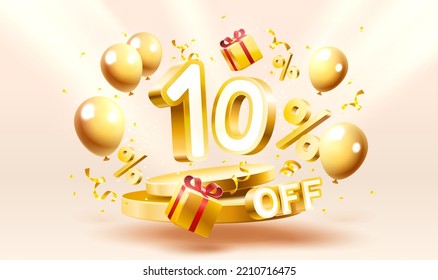 10 Off. Discount creative composition. 3d sale symbol with decorative objects, golden confetti, podium and gift box. Sale banner and poster. Vector illustration. - Shutterstock ID 2210716475