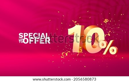 10 Off. Discount creative composition. 3d Golden sale symbol with decorative objects, golden confetti. Sale banner and poster. Vector illustration.
