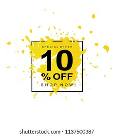 10% OFF. Discount Illustration. Hand Drawn Paint Splash Vector Illustration. Abstract Yellow Splash. White Background. Black Text in Black Frame.