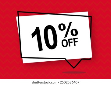 10% off. Discount 10 percent. Red banner with floating balloon in white 
