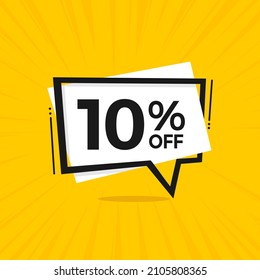 10% off. Discount 10 percent. Yellow banner with floating balloon for promotions and offers.