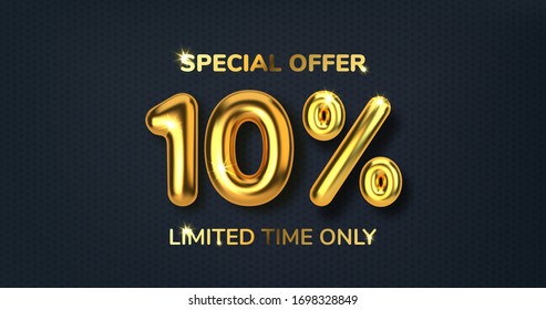 10 off discount promotion sale made of realistic 3d gold balloons. Number in the form of golden balloons. Template for products, advertizing, web banners, leaflets, certificates and postcards. Vector