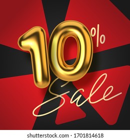 10 off discount promotion sale made of realistic 3d gold text. Number in the form of golden balloons. Template for products, advertizing, web banners, leaflets, certificates and postcards. Vector illu
