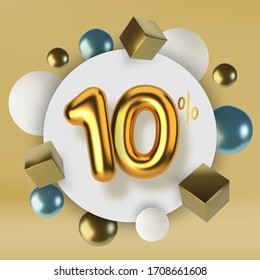 10 off discount promotion sale made of 3d gold text. Number in the form of golden balloons.Realistic spheres and cubes. Abstract background of primitive geometric figures.