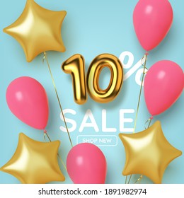 10 off discount promotion sale made of realistic 3d gold number with balloons and stars. Number in the form of golden balloons.  Vector illustration