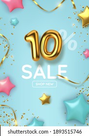 10 off discount promotion sale made of realistic 3d gold balloons with stars, sepantine and tinsel. Number in the form of golden balloons.  Vector illustration