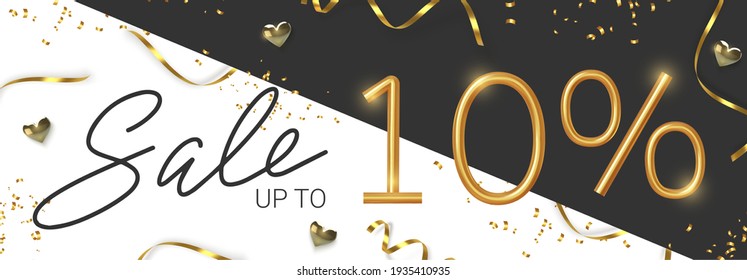 10 off discount promotion sale made of realistic 3d gold number with sepantine and tinsel. Vector illustration