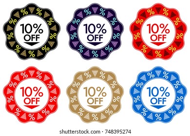 10% Off Discount Sticker. Set of Banner or Sticker Design with 10% Off Sale in Black, Dark-blue, Red, Golden and Blue color. Bright Design for Sales and Discounts of All Seasons