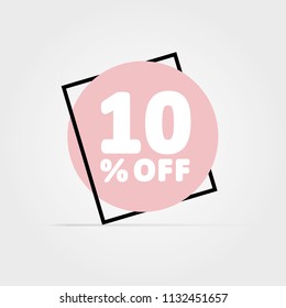 10% OFF. Discount Vector Symbol. Simple Design. Light Pink Circle in Black Frame with Shadow. Light Grey Background.