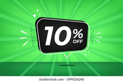 10% off. Green banner with ten percent discount on a black balloon for mega big sales.